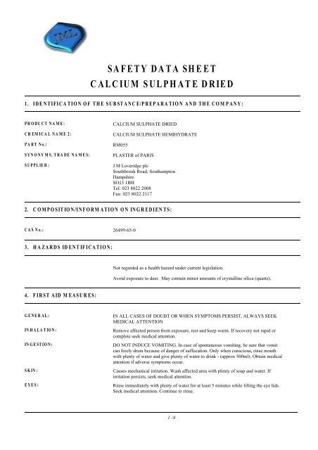 Safety Data Sheet Calcium Sulphate Dried J M Loveridge Plc