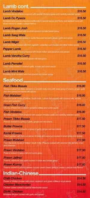 Menu at South Indian Restaurant, Hamilton