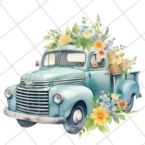 10 Rustic Trucks With Flowers Clipart PNG Digital Paper Etsy