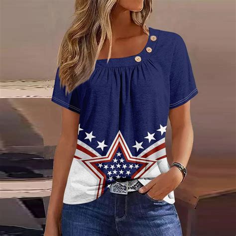 Sksloeg Independence Day Workout Tops For Women Pleated Button