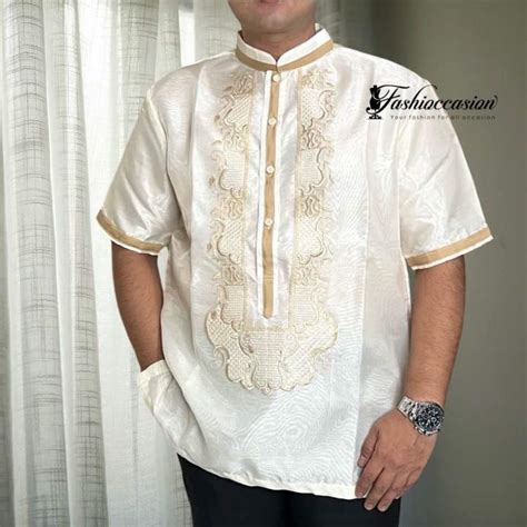 Barong Tagalog Short Sleeve W Mocca Piping Chinese Collar Lazada Ph