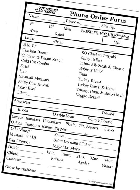 Subway Order Form Printable Printable Forms Free Online