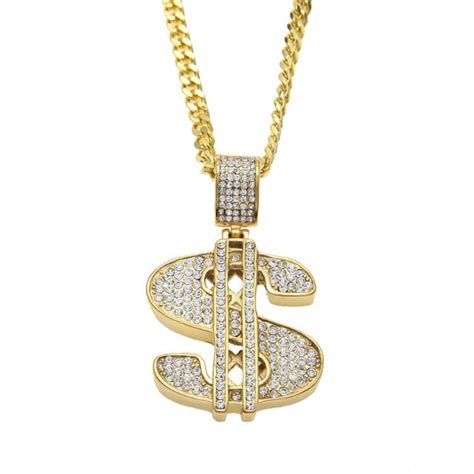 Klasik Wanita Pria Hip Hop Emas Bling Rhinestones Penuh Dollar $ Sign ...