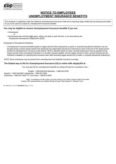 Form De 1857d Notice To Employees Unemployment Insurance Benefits Printable Pdf Download