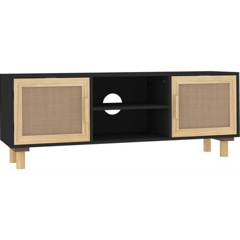 Meuble TV Noir 105x30x40cm Bois De Pin Massif Et Rotin Naturel VidaXL