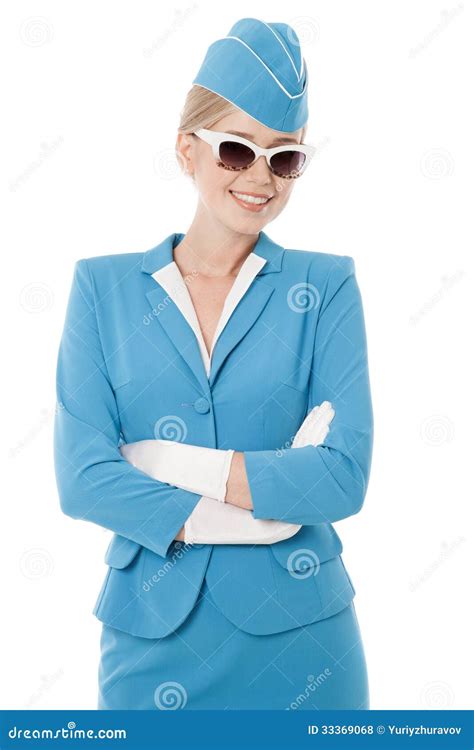 Stewardess In Blue Uniform And Vintage Sunglass Stock Photo Image Of