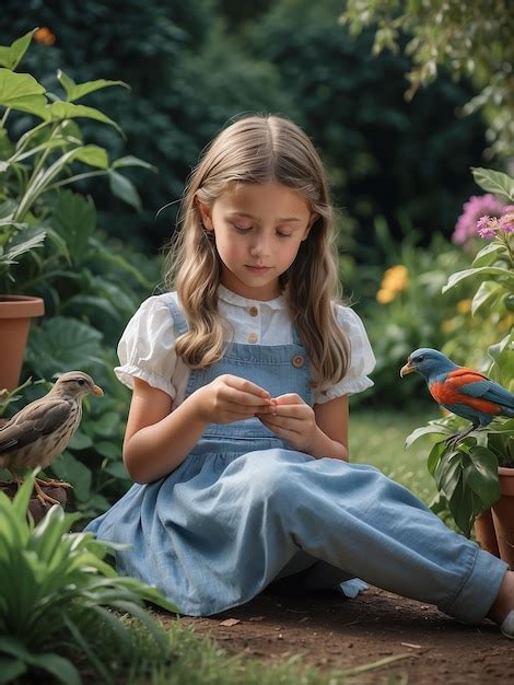 Premium AI Image | A girl is sitting in the garden with a bird in her hand