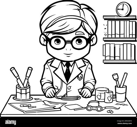 Vector Illustration Of A Boy In A Science Class Black And White