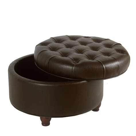 Large Tufted Round Storage Ottoman Brown Faux Leather — Homepop Furniture