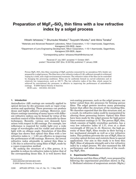 Pdf Preparation Of Mgf 2 Sio 2 Thin Films With Low Refractive Index