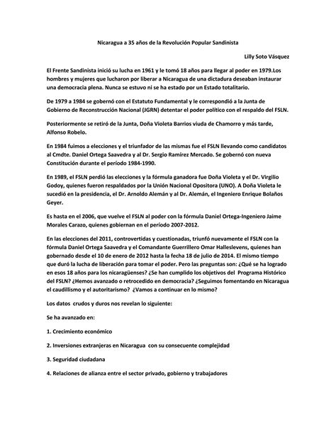 Nicaragua A A Os De La Revoluci N Popular Sandinista Pdf