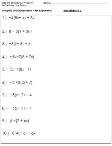 Algebra Simplify Expressions Worksheets