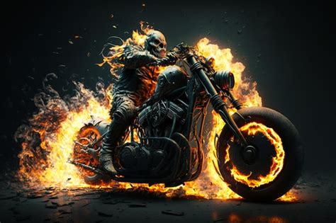 Premium Photo Man Riding Motorcycle In Flames On Dark Background