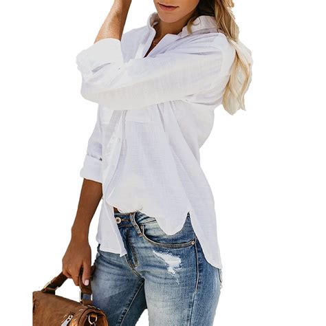 Ybenlow Womens Button Down V Neck Shirts Roll Up Cuffed Sleeve Casual Tops With Pockets