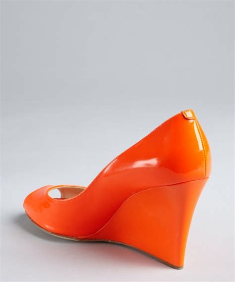 Lyst Jimmy Choo Neon Orange Patent Leather Baxen Peep Toe Wedges In Orange