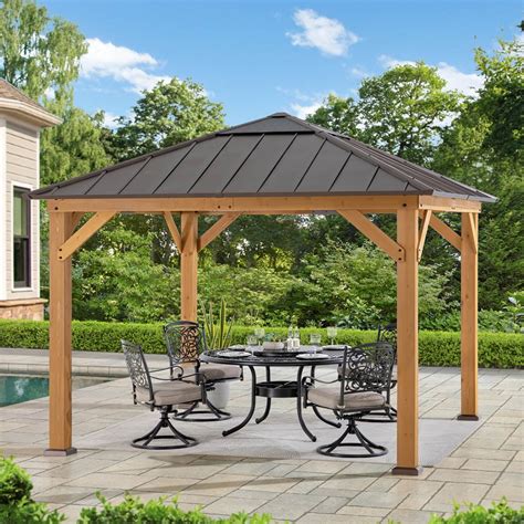 Sunjoy 11x11 Ft Cedar Wood And Metal Patio Gazebo With Hardtop Cover And Brown Steel Roof