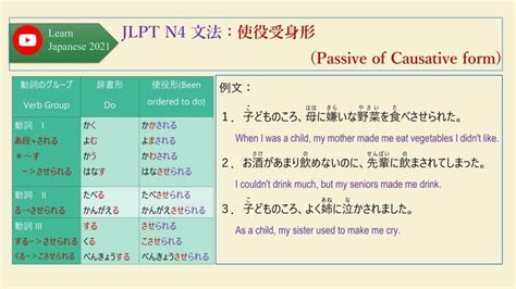 080 Learn Japanese JLPT N4 文法例文使役受身形Passive of Causative form 文法 例文