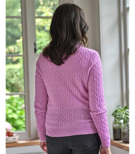 Bright Orchid Cashmere Merino Cable Crew Neck Jumper Woolovers Uk