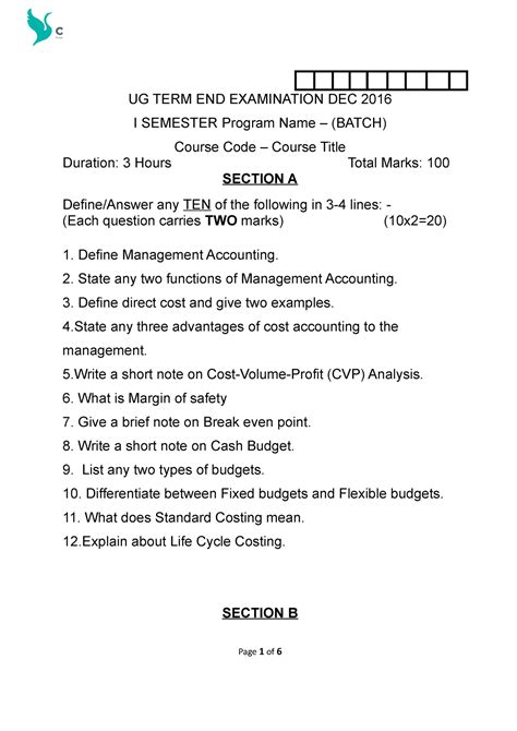 3bcg272 Management Accounting Question Paper Ug Term End