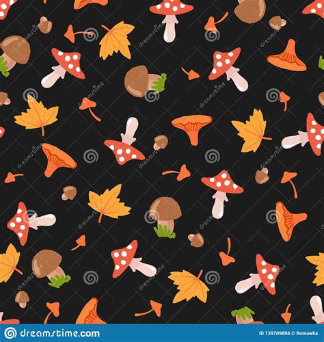 Seamless Pattern With Mushrooms And Leaves Stock Vector Illustration