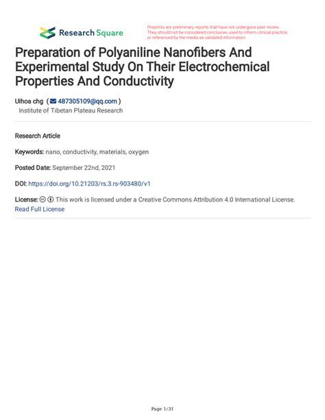 Pdf Preparation Of Polyaniline Nanofibers And Experimental Study On