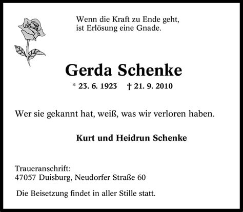 Traueranzeigen Von Gerda Schenke Trauer In Nrw De