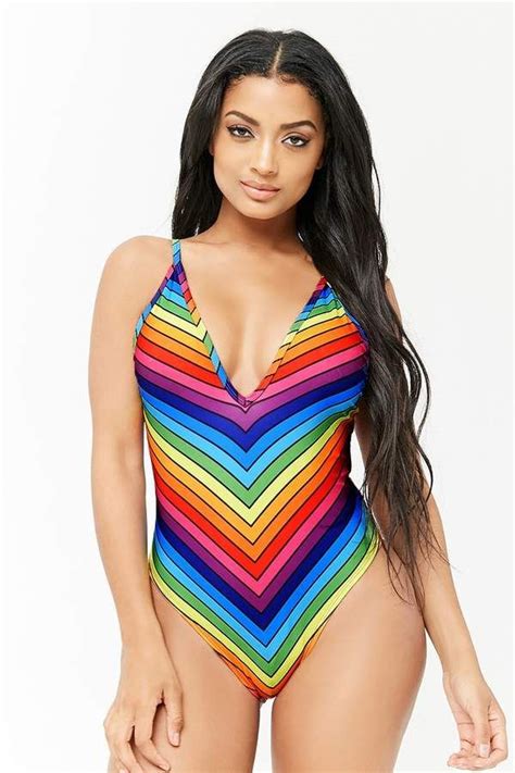 Forever 21 Rainbow Chevron Pattern One Piece Swimsuit Rainbow Swimsuit One Piece Striped