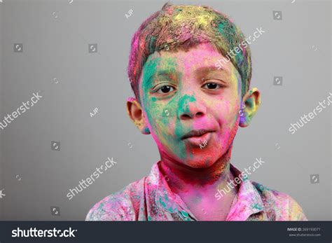 Smiling Portrait Boy Face Smeared Colored Stock Photo 269193071