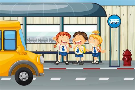 Three students waiting for bus at bus stop 447291 Vector Art at Vecteezy