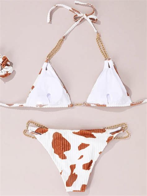 Emmiol Free Shipping 2023 Cow Print Halter Chain Bikini Set Brown S In