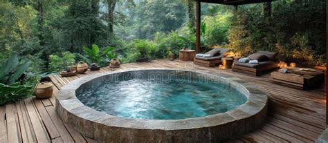 A Luxurious Stone Hot Tub With Bubbling Water Surrounded By Wooden Loungers On A Wooden Deck