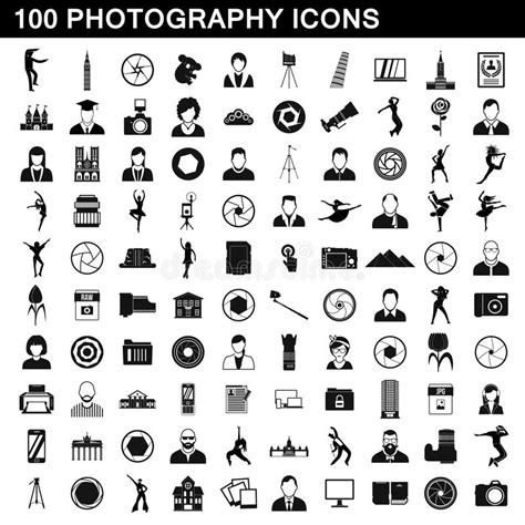 100 ícones Ajustados Estilo Simples Da Fotografia Ilustração Stock