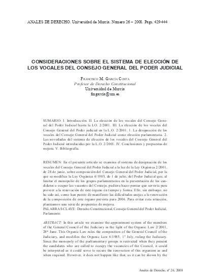 Consideraciones Sobre El Sistema De Elección De Los Vocales Del Consejo