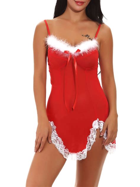 Enjiwell Womens Red Santa Christmas Furry Lingerie Costume Babydoll