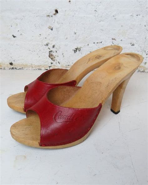 Vintage Red Leather Candies Platform Mules Slip On Heels Etsy Heels Red Leather