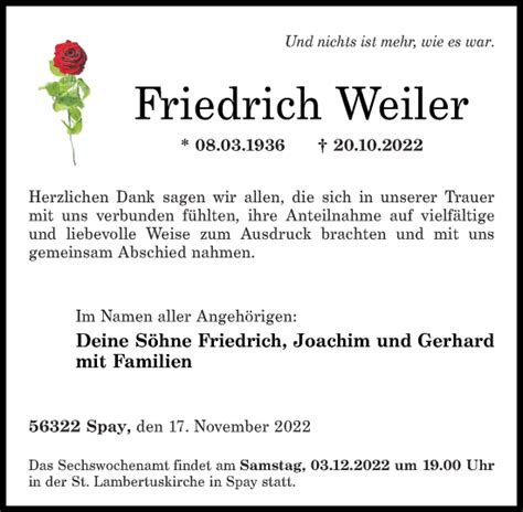 Traueranzeigen Von Friedrich Weiler Rz Trauer De