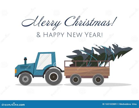 New Year and Merry Christmas Card. Blue Christmas Tractor with a ...