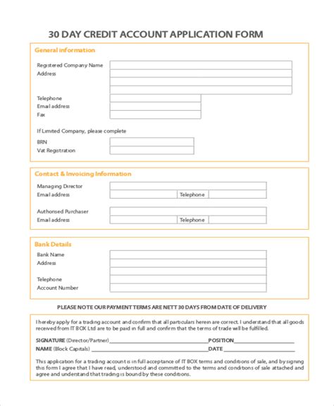 Net 30 Credit Application Template