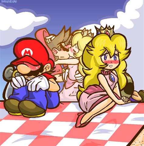 Mario And Peach Sitting Next To Each Other In Front Of A Wall With The