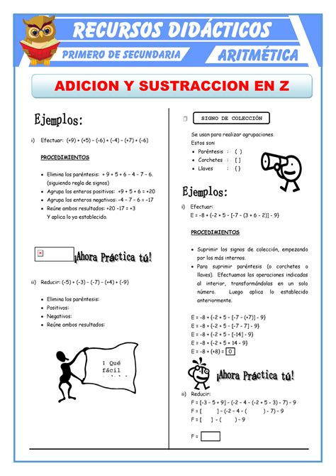 Ejercicios De Adici N Y Sustracci N Para Primero De Secundaria