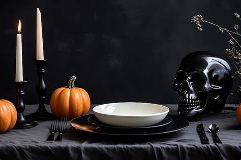 Premium Ai Image Halloween Festive Table Setting With Skull Pumpkins Spider And Candles On