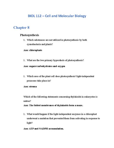 Biology I Cell And Molecular Biology Chapter 8 Biol 112 Cell And