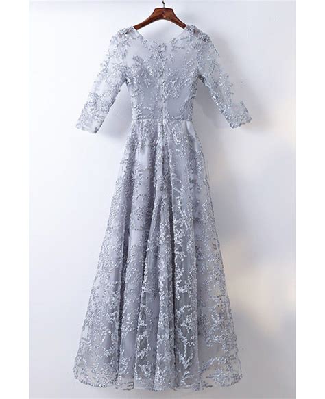 Modest Grey 3 4 Sleeve Lace Cheap Formal Dress Myx18266