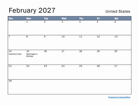 February 2027 United States Monthly Calendar With Holidays