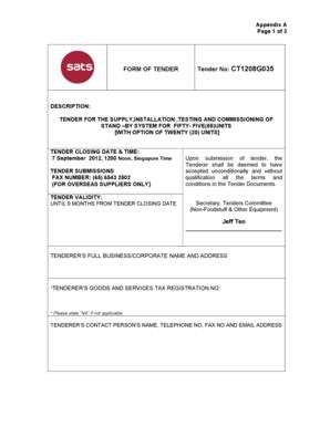 Fillable Online Appendix A Page 1 Of 3 FORM OF TENDER Tender No