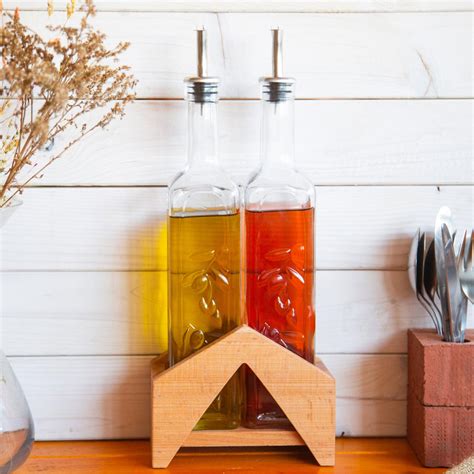 Oil Vinegar Set Oil Vinegar Bottles With Wooden Rack And Etsy