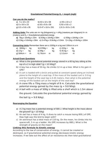 Gravitational Potential Energy Equation Scaffolded Worksheet Differentiated Teaching Resources