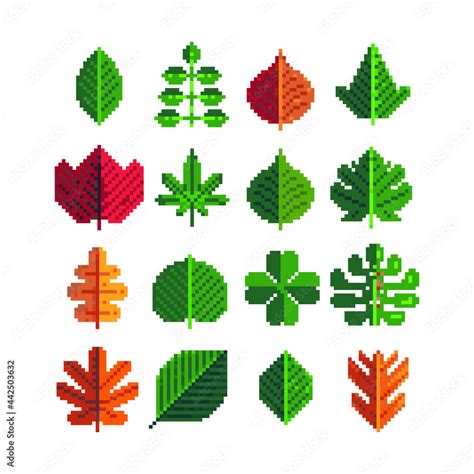 Different types leaves of tree pixel art 8-bit style icons set ...