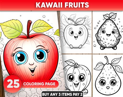 25 Preschool Kawaii Fruits, Coloring Pages for kids - Instant Download ...