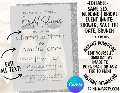 Editable Same Sex Wedding Event Invite Bridal Shower Brunch Save The Date Printable Same